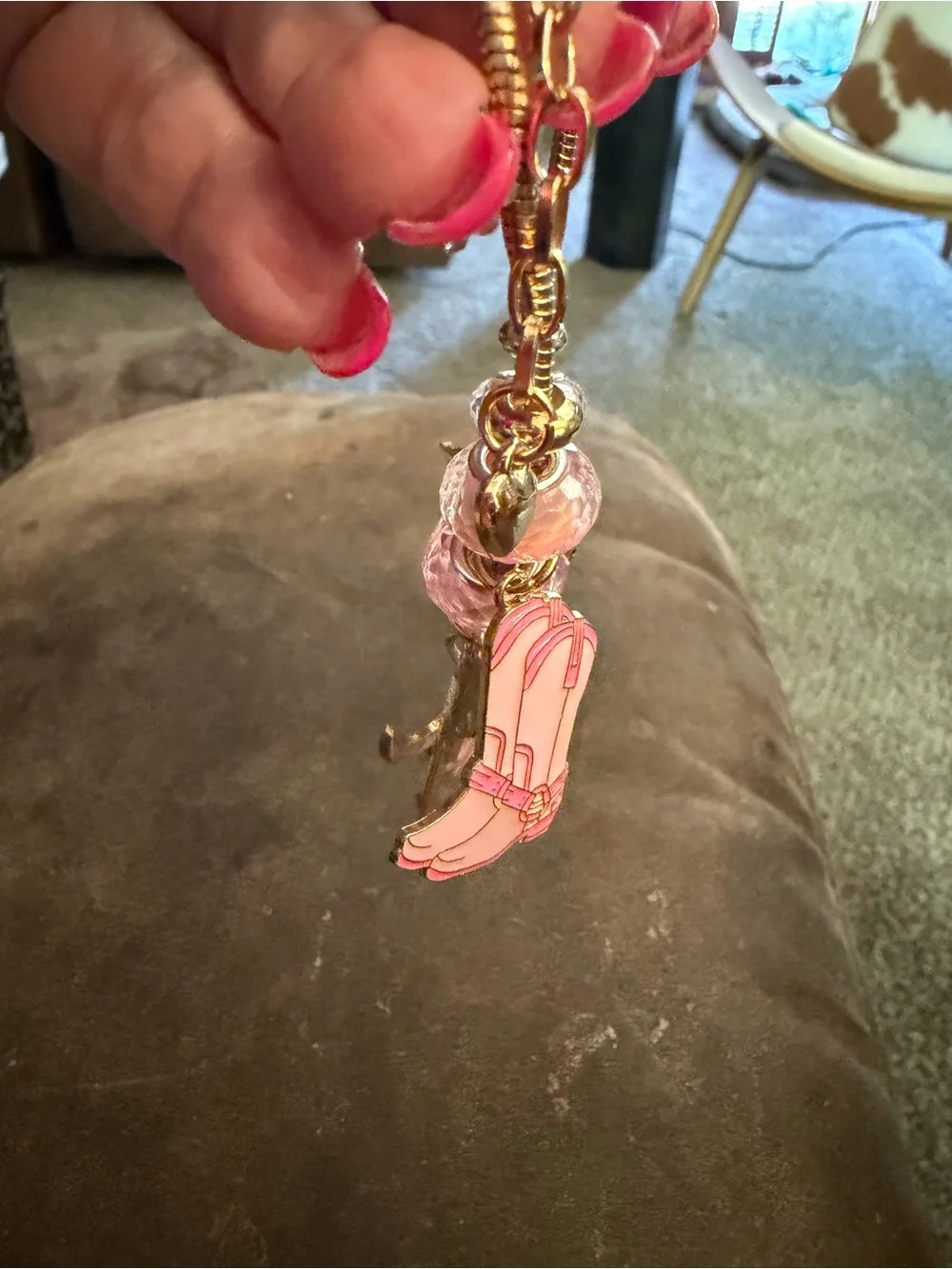 Gold-Tone Pink Charm Bracelet with Crystal Beads